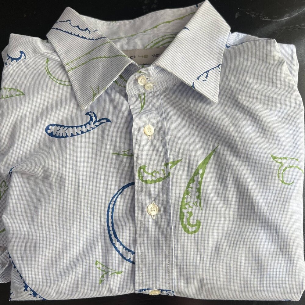 Etro Italy oversized paisley print button down cotton shirt blue check US XXL